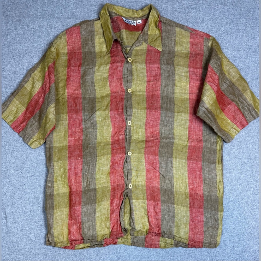 Vintage Smokey Joe's Shirt Mens 2XL Brown Green‎ Red Striped Linen Button Up 90s